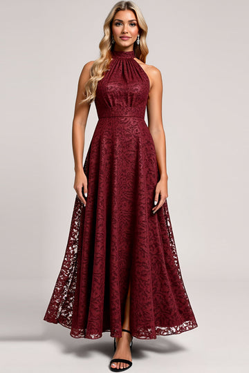 Halter Cabernet A Line Lace Bridesmaid Dress
